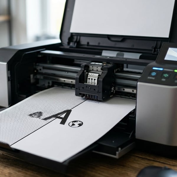 Imprimante grand format en cours d�impression d�une feuille A3 avec graphique noir et blanc.