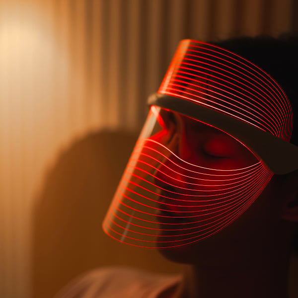Een man die thuis een LED-gezichtsmasker draagt