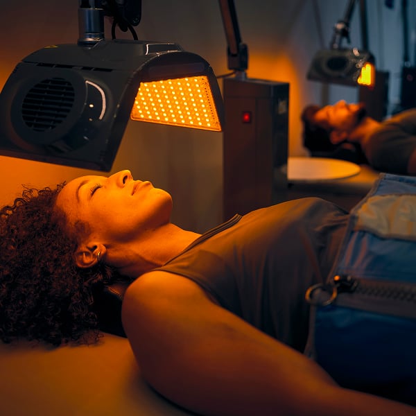 Een vrouw die een behandeling met geel licht krijgt