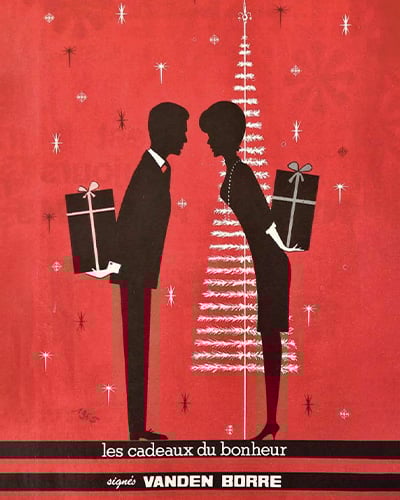 Rode Vanden Borre-brochure met een man en een vrouw die cadeautjes achter hun rug verbergen.