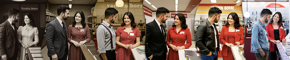 In een reeks afbeeldingen zien we een Vanden Borre-verkoopster en een klant door de tijd heen.