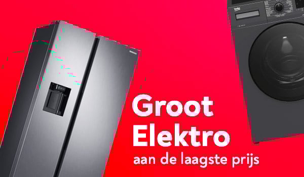 Een Amerikaanse koelkast en een wasmachine op een rode achtergrond