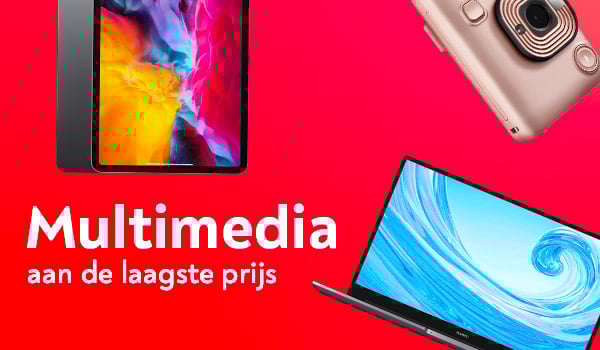 Een laptop, een tablet en een fototoestel op een rode achtergrond