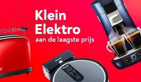 Een broodrooster, een koffiemachine en een robotstofzuiger op een rode achtergrond