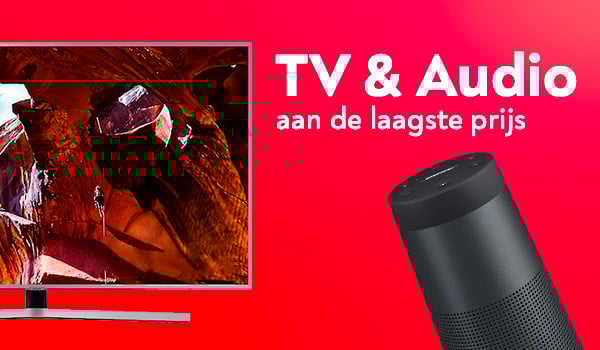 Een televisie en een bluetooth-speaker op een rode achtergrond