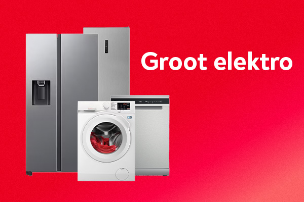 Een Amerikaanse koelkast, een 1-deurskoelkast, een vaatwasser en een wasmachine op een rode achtergrond