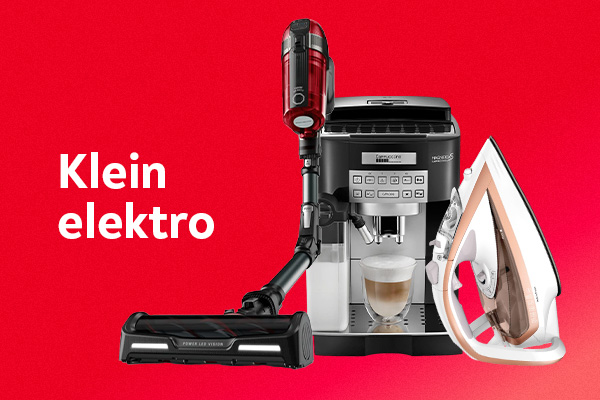 Een steelstofzuiger, broodrooster, een koffiemachine en een robotstofzuiger op een rode achtergrond