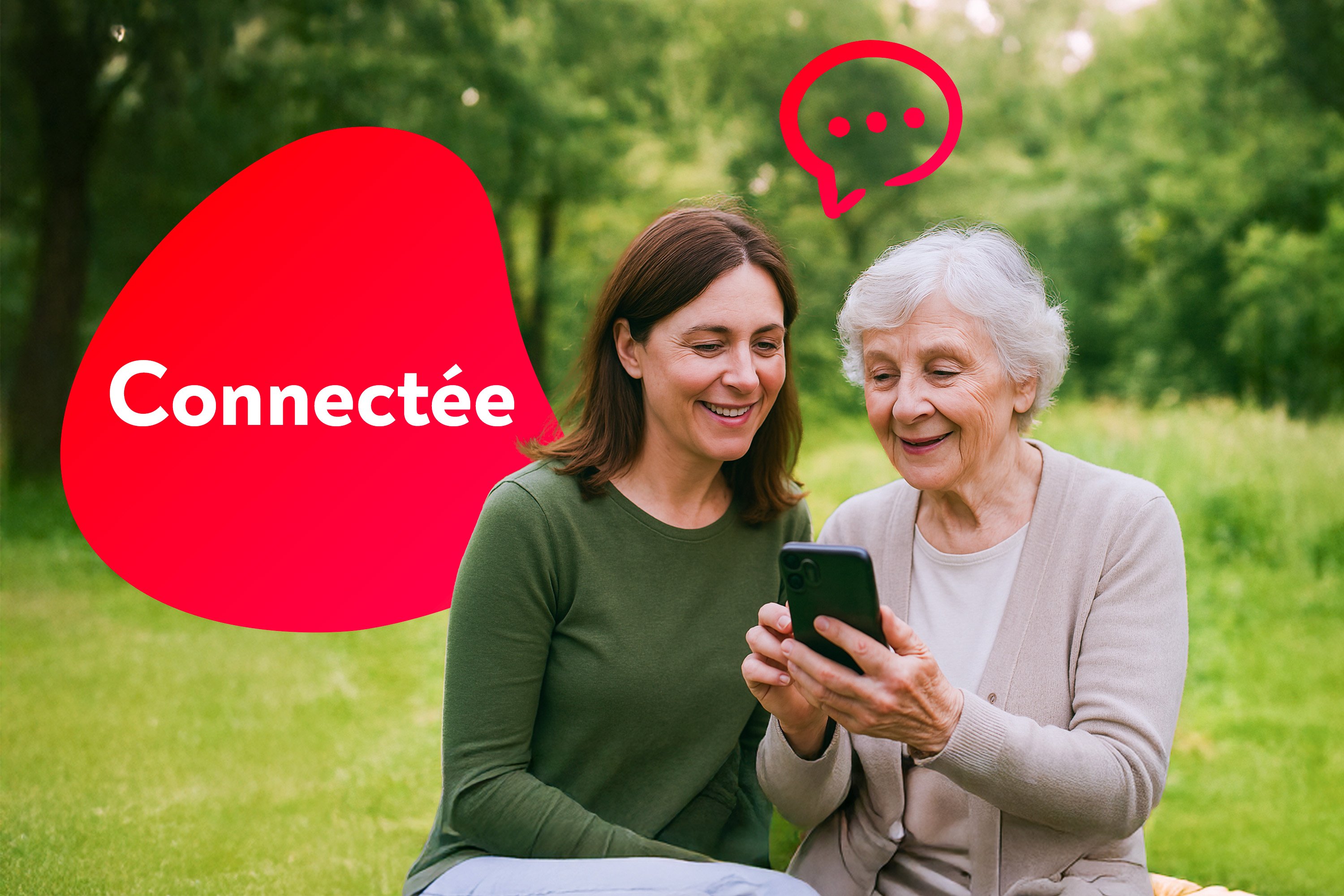 Une femme age avec un smartphone en main et sa fille sourient et sont assises sur un banc