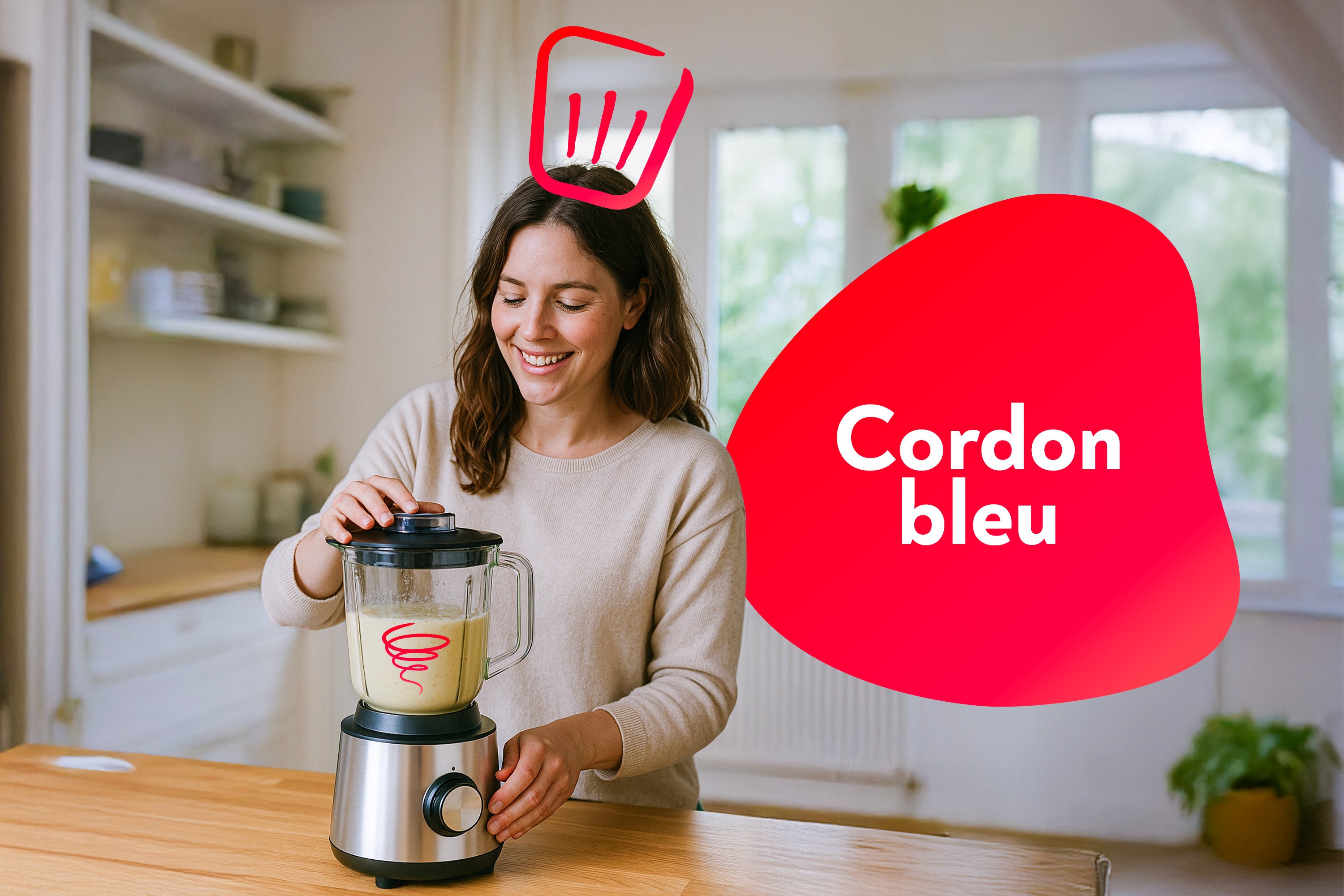 Une maman souriante qui prpare une recette avec son robot de cuisine
