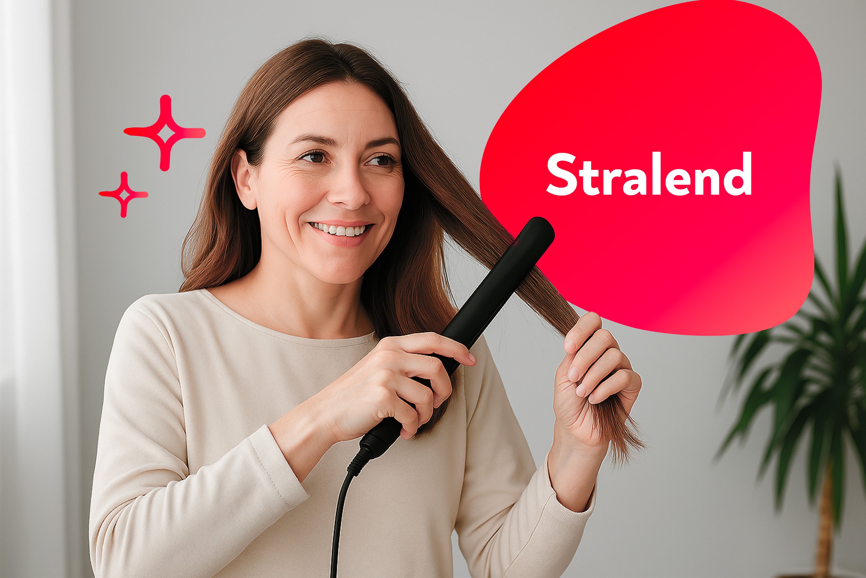 Een blije mama die voor de spiegel staat om haar haar te steilen 
