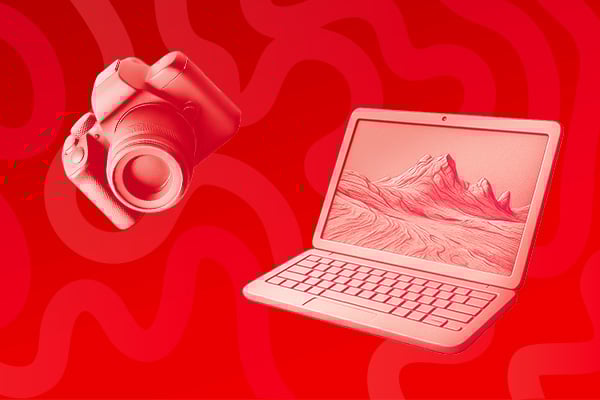 Banner soldes avec un PC portable et un appareil photo