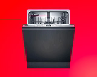 Een vaatwasser op een rode achtergrond