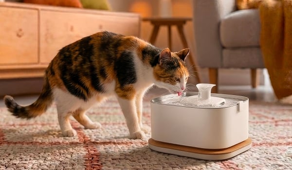 Un chat qui boit de sa fontaine � eau