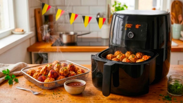 Een airfryer met balletjes erin
