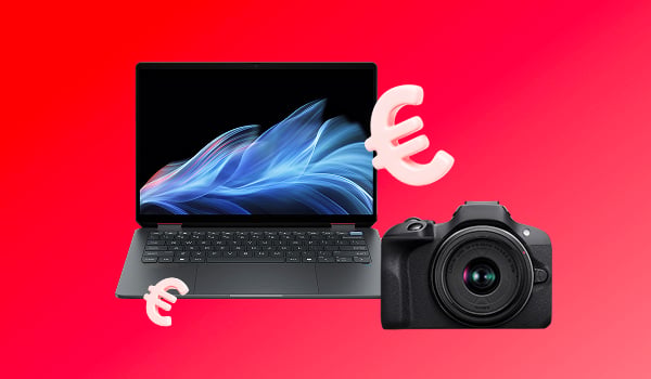 Banner soldes avec un PC portable et un appareil photo