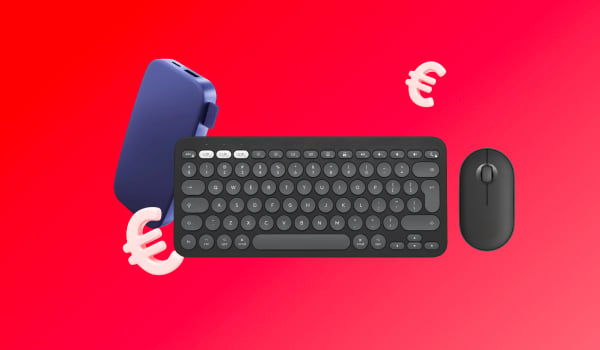 Un disque dur et une souris sur un fond rouge