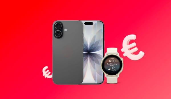 Un smartphone et une montre connect�e sur un fond rouge