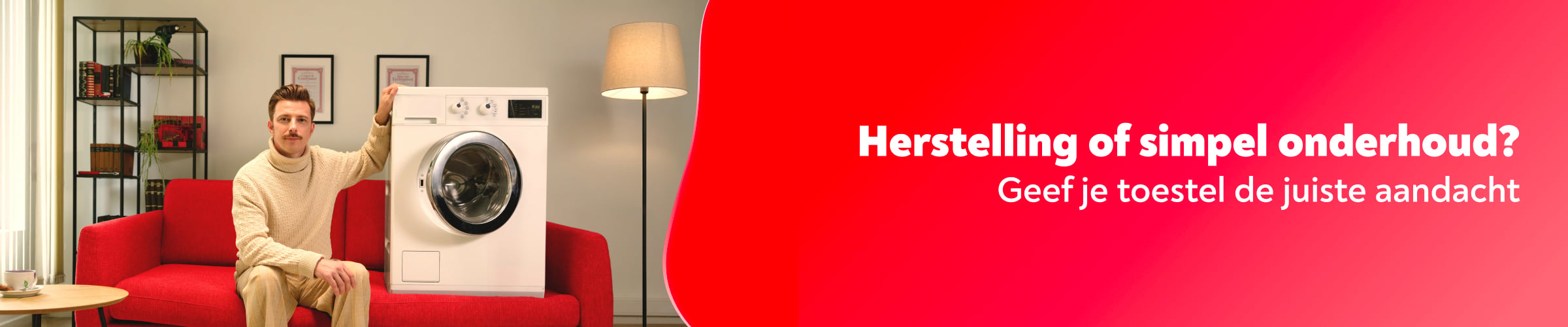 Man op een sofa in een therapiepraktijk met een defecte wasmachine naast hem.