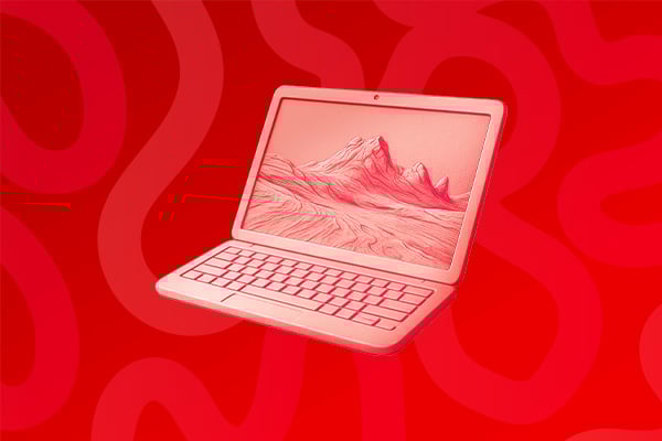 Un PC portable sur un fond rouge