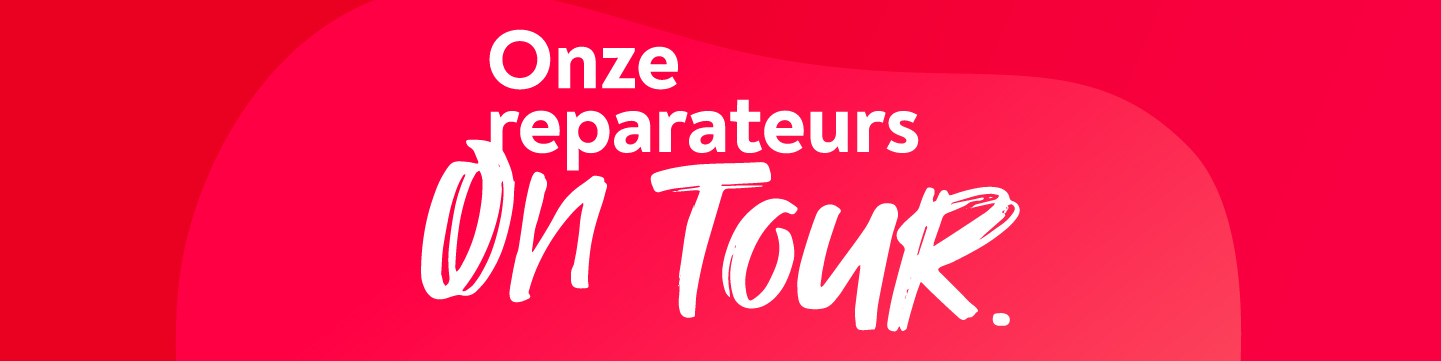 Een rode achtergrond met hierop in het wit geschreven Onze reparateurs on tour