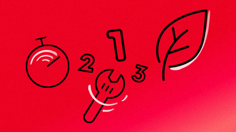 Sur fond rouge, ic�nes de feuille pour la durabilit�, de cl� anglaise pour la r�parabilit� et de chronom�tre pour la fiabilit�.