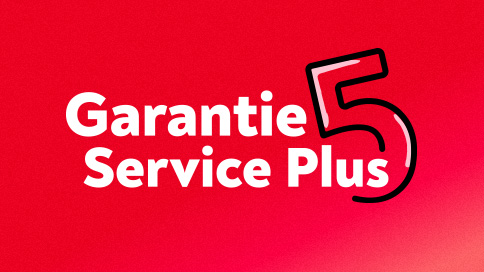 Logo de la Garantie Service Plus avec le nombre 5 en noir, sur fond rouge.