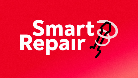Logo de Smart Repair avec un tournevis plat noir, sur fond rouge.