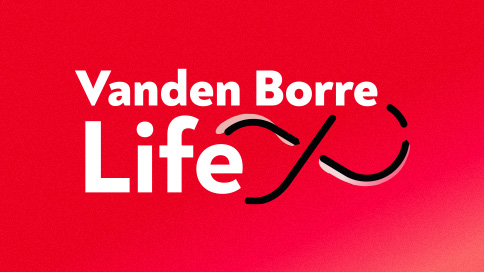 Logo Vanden Borre Life avec le symbole de l'infini, sur fond rouge.