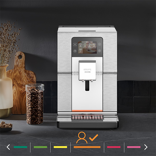 Une machine  caf Krups Intuition Experience + et des icnes prsentant la fonction des profils  