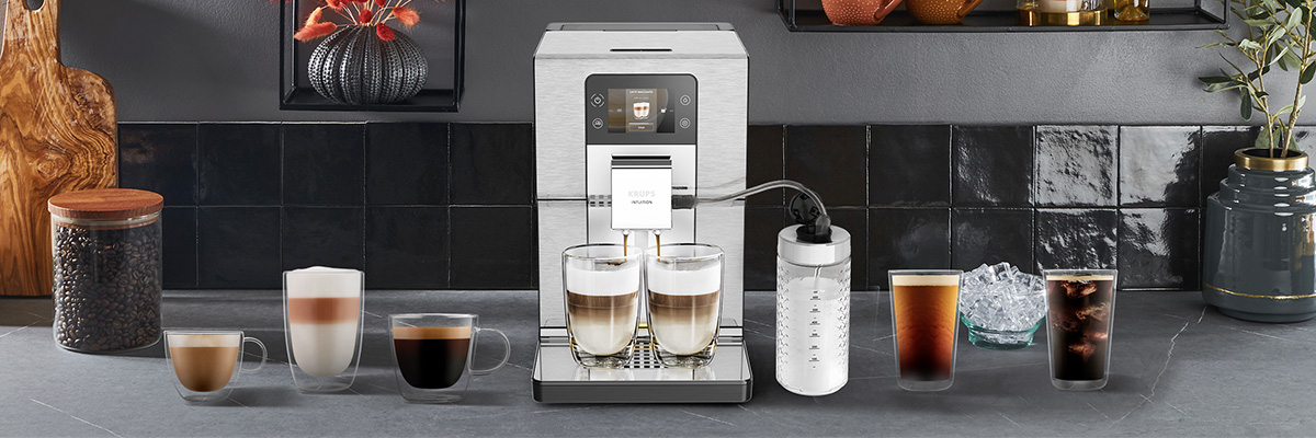 Une machine  caf Krups Intuition Experience + derrire les diffrents types de caf quelle peut prparer 