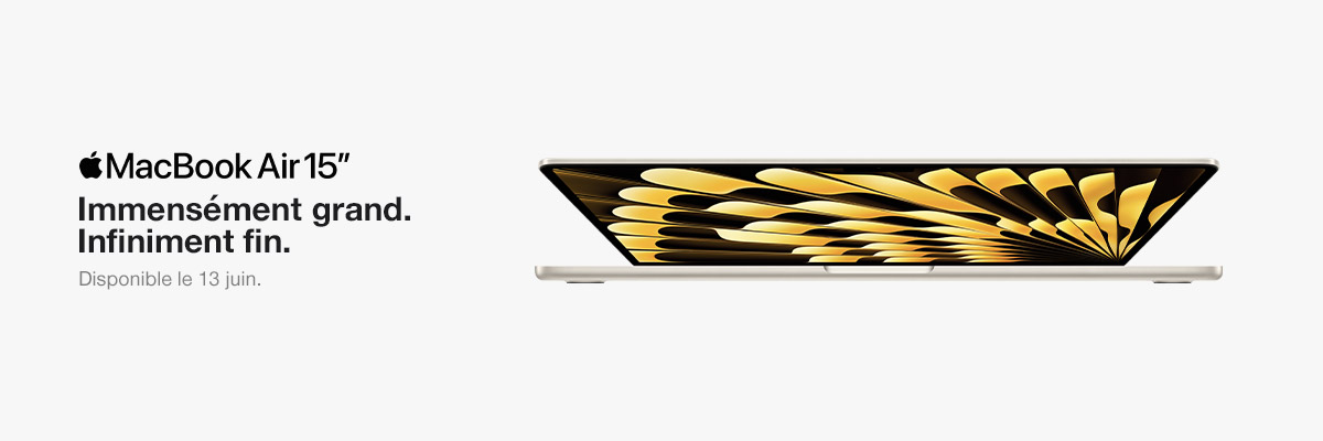 Un MacBook Air 15 lgrement ouvert prsentant un fond dcran noir et jaune 