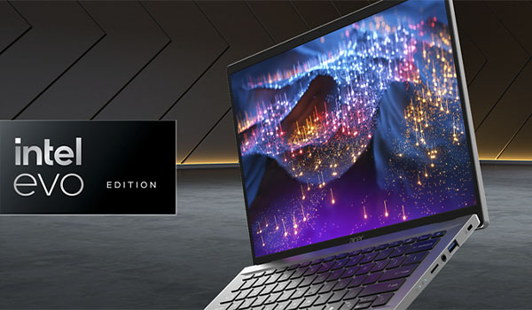 een laptop met kleurenscherm en intel-logo