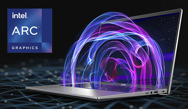 Laptop met blauwe en paarse cirkellampjes en intel-logo