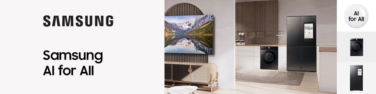 Cuisine ouverte avec le nouveau lave-linge et r�frig�rateur BESPOKE AI� de Samsung.