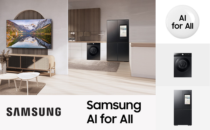 Cuisine ouverte avec le nouveau lave-linge et r�frig�rateur BESPOKE AI� de Samsung.