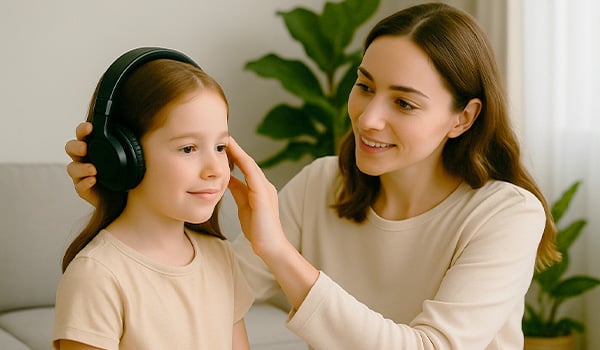 Een vrouw helpt een meisje om haar koptelefoon goed te plaatsen.