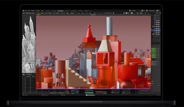 Sur l'cran du MacBook Pro on voit une cration 3D