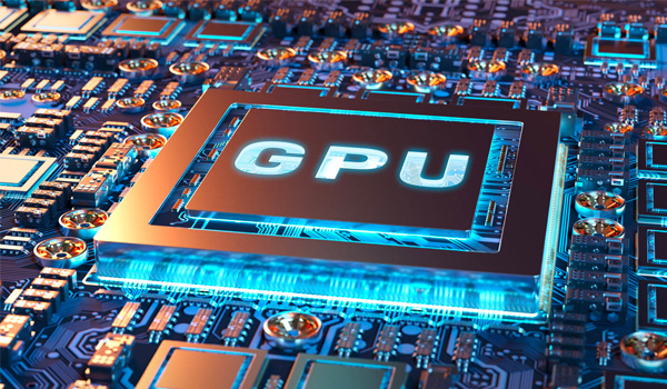 Gros plan sur une puce �lectronique portant l�inscription GPU install�e sur une carte de circuits imprim�s avec un �clairage bleu et cuivr�