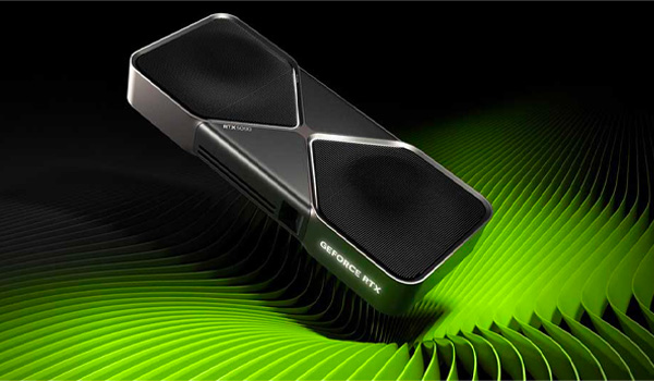 Carte graphique GeForce RTX pos�e sur un fond noir et vert avec un motif ondul� et un �clairage contrast�