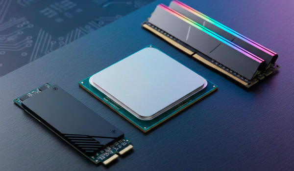 Vue rapproch�e d�un processeur, de deux barrettes de m�moire RAM RGB et d�un SSD NVMe pos�s sur une surface sombre