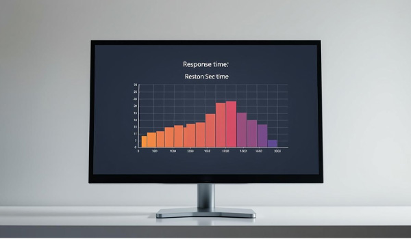�cran d�ordinateur pos� sur un bureau affichant un graphique en barres color� avec les textes Response time et Reston Set time