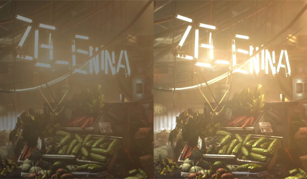 Deux versions c�te � c�te d�une m�me sc�ne de march� montrant un �tal de l�gumes sous une enseigne lumineuse, avec une diff�rence de luminosit� entre la partie gauche et la partie droite