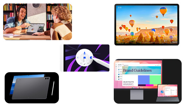 Afbeelding die verschillende toepassingen van Samsung-tablets toont, zoals samenwerken, video-entertainment, creatief gebruik met stylus en productiviteit op groot scherm