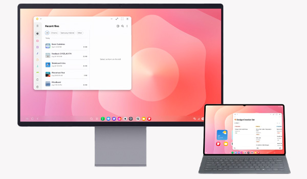 Samsung tablet verbonden met een groot scherm waarop meerdere apps tegelijk worden gebruikt voor productiviteit
