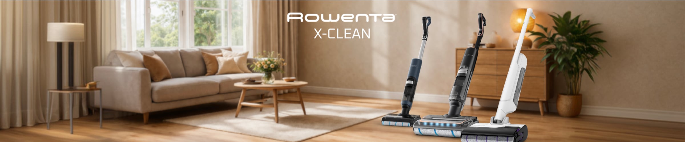 Drie Rowenta X-Clean vloerreinigers staan rechtop in een woonkamer