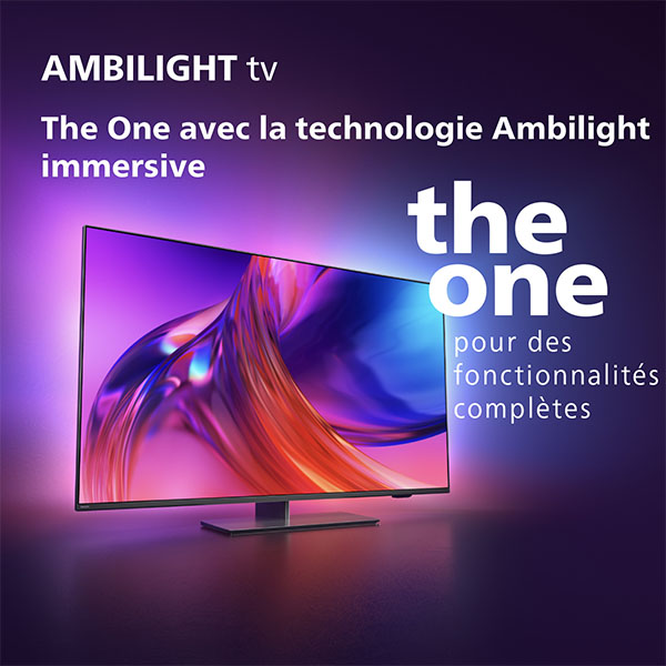 Une TV Philips 4K ambilight vue de la gauche 